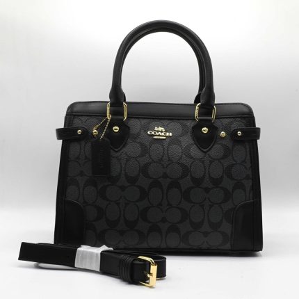 COACH DARCIE CARRYALL SIGNATURE BLACK CROSSBODY BAG .
