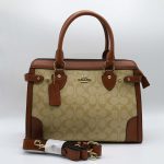 COACH DARCIE CARRYALL SIGNATURE BROWN CROSSBODY BAG .