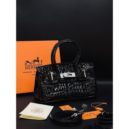 HERMES HIMALIYANS CROCODILE SHINNY BLACK HANDBAG