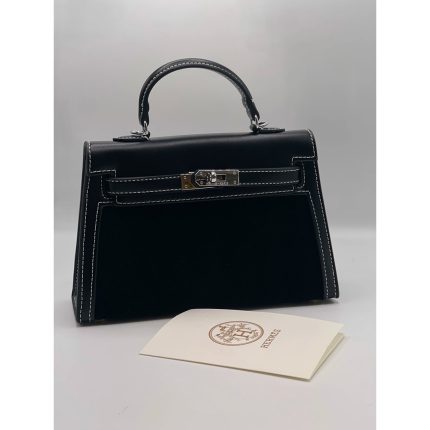 HERMES KELLY 20 PALLADIUM BLACK SUEDE.