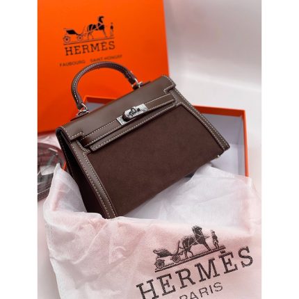 HERMES KELLY 20 PALLADIUM COFFEE SUEDE.