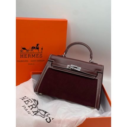 HERMES KELLY 20 PALLADIUM MAROON SUEDE.