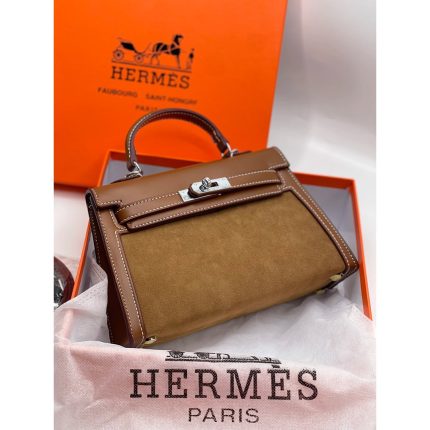 HERMES KELLY 20 PALLADIUM BROWN SUEDE.