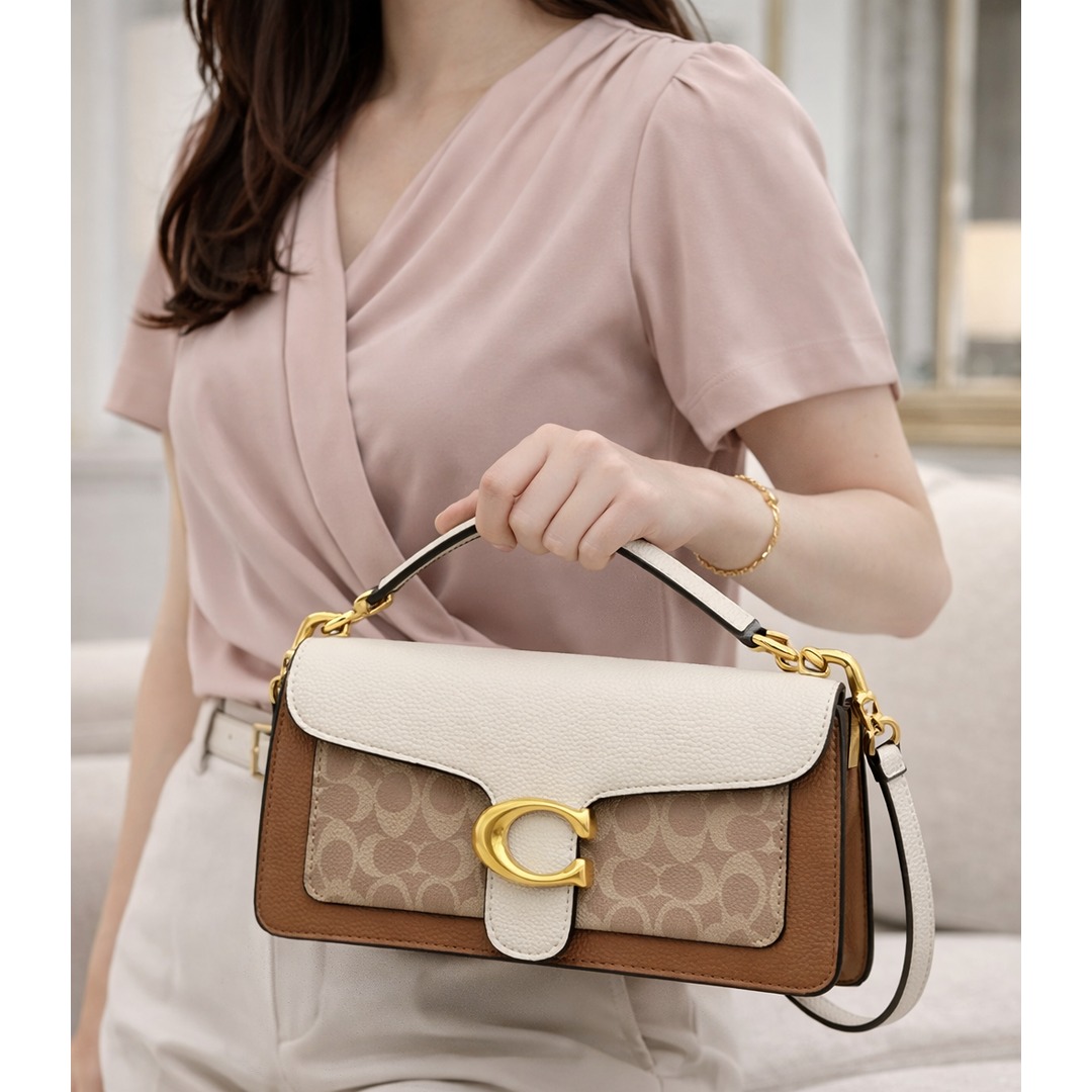 COACH TABBY SHOULDER CREAM BROWN BAG SIGNATURE CANVAS