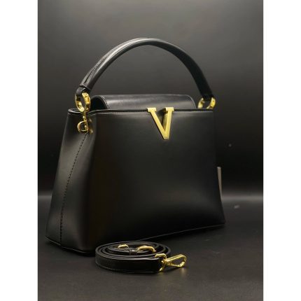 VLN V GOLD LOGO BLACK HANDBAG.