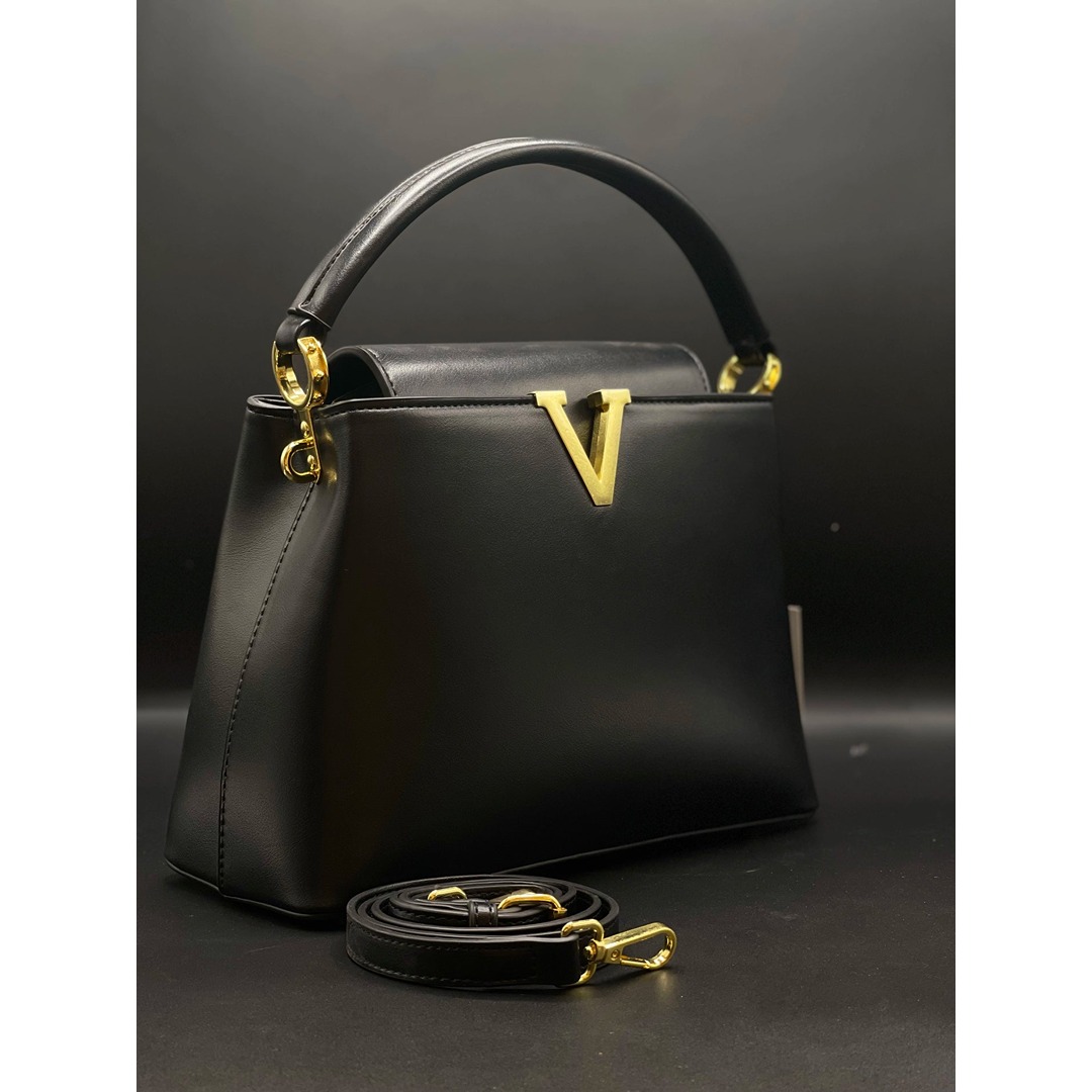 VLN V GOLD LOGO BLACK HANDBAG.