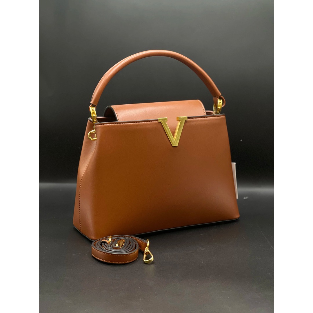 VLN V GOLD LOGO BROWN HANDBAG.