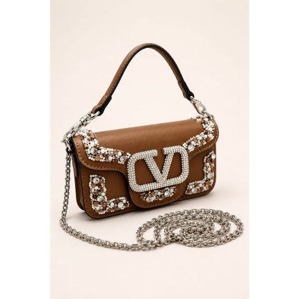 VALENTINO GARAVANI BROWN MICRO LOCO EMBELLISHED CRYSTAL SHOULDER BAG