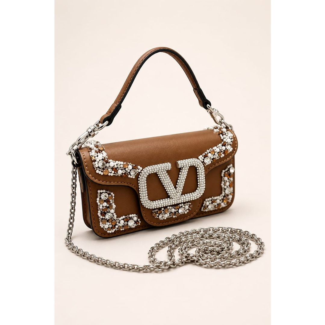 VALENTINO GARAVANI BROWN MICRO LOCO EMBELLISHED CRYSTAL SHOULDER BAG