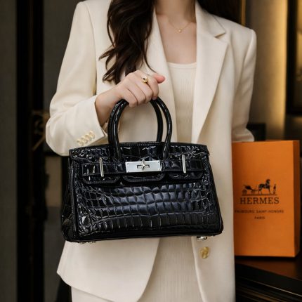 HERMES HIMALIYANS CROCODILE SHINNY BLACK HANDBAG
