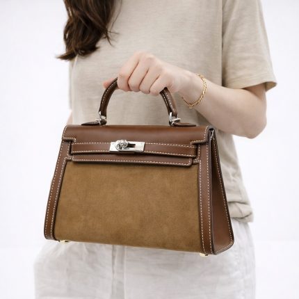 HERMES KELLY 20 PALLADIUM BROWN SUEDE.