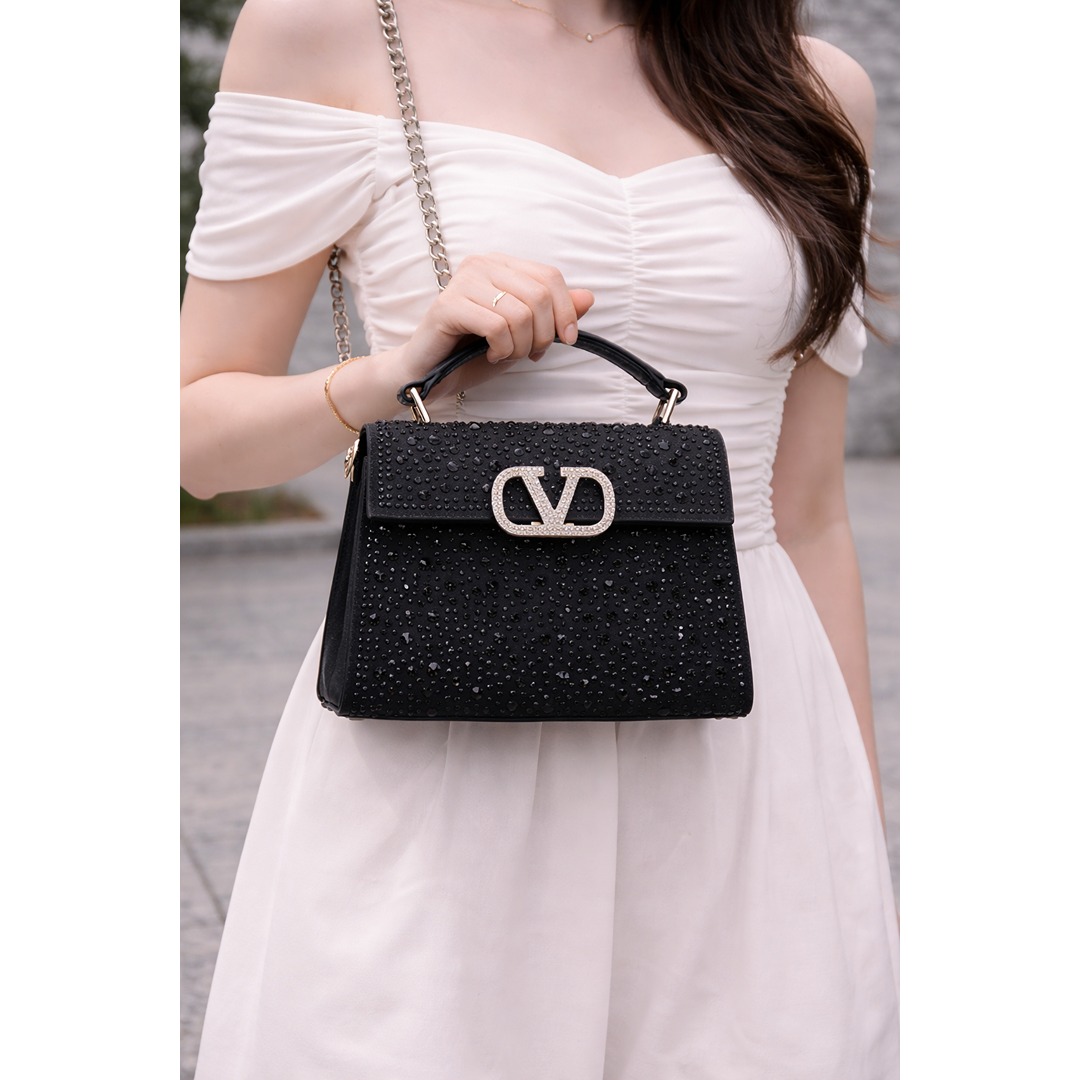 VALENTINO GARAVANI V SLINING DARK BLACK CRYSTAL MINI BAG