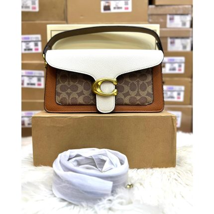 COACH TABBY SHOULDER CREAM BROWN BAG SIGNATURE CANVAS