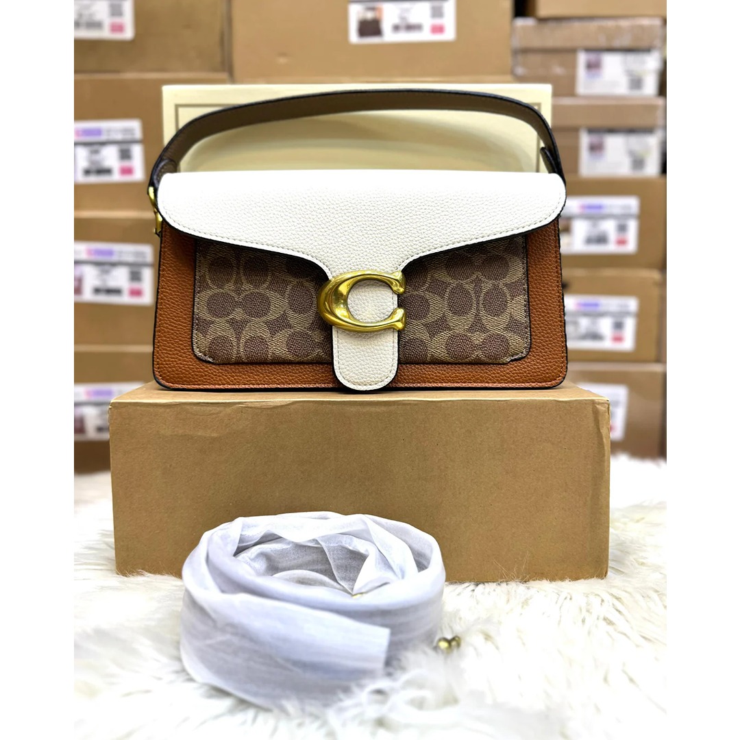 COACH TABBY SHOULDER CREAM BROWN BAG SIGNATURE CANVAS