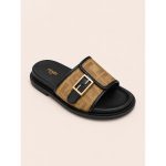 FENDI FEEL BLACK BROWN FF BUCKLE EMBOSSED SANDAL