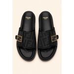 FENDI FEEL GREY BLACK FF BUCKLE EMBOSSED SANDAL
