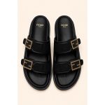 FENDI FEEL ALL BLACK FF BUCKLE EMBOSSED SANDAL