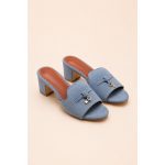 LORO PIANA SUEDE DUSTY BLUE HEEL MULE SANDAL FOR WOMEN - Image 3