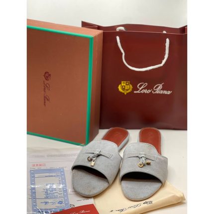 LORO PIANA SUEDE BOW FLAT SANDAL GREY FOR WOMEN