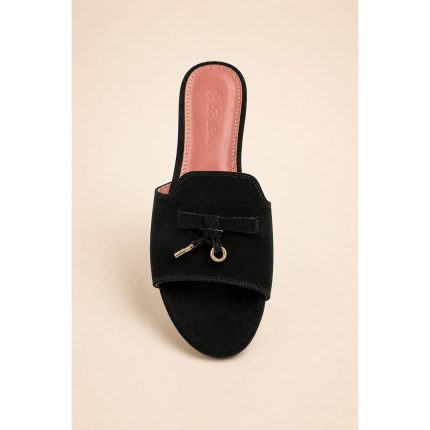 LORO PIANA SUEDE BOW FLAT SANDAL BLACK FOR WOMEN