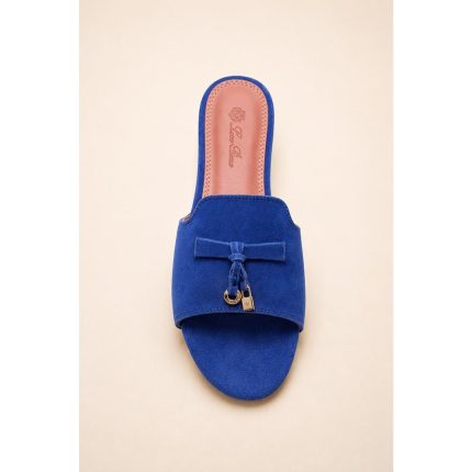 LORO PIANA SUEDE BOW FLAT SANDAL ROYAL BLUE FOR WOMEN